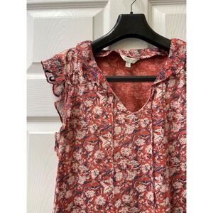 Lucky Brand Women's Medium Boho Ruffle Tie Neck Print Cap Sleeve T-Shirt‎